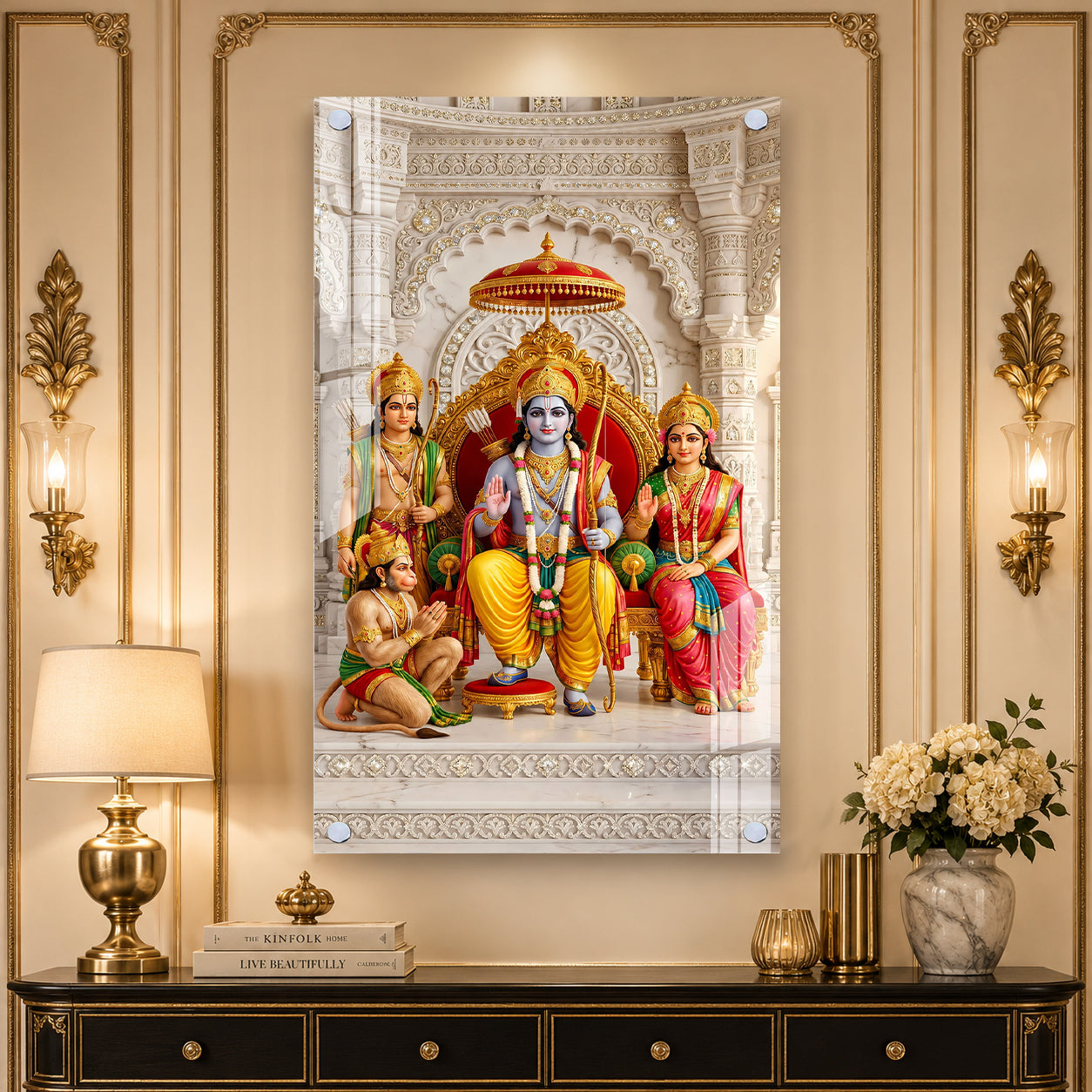 Elegant Shri Ram Darbar Acrylic Wall Art with Hanuman Religious Vastu Decor for Modern Home Interior
