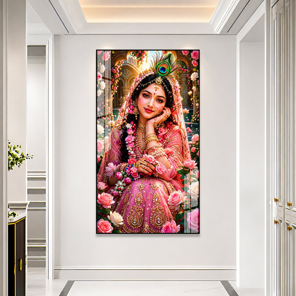 Divine Radha Rani Krishna Inspired Acrylic Painting with Roses for Spiritual Home Wall Decoration