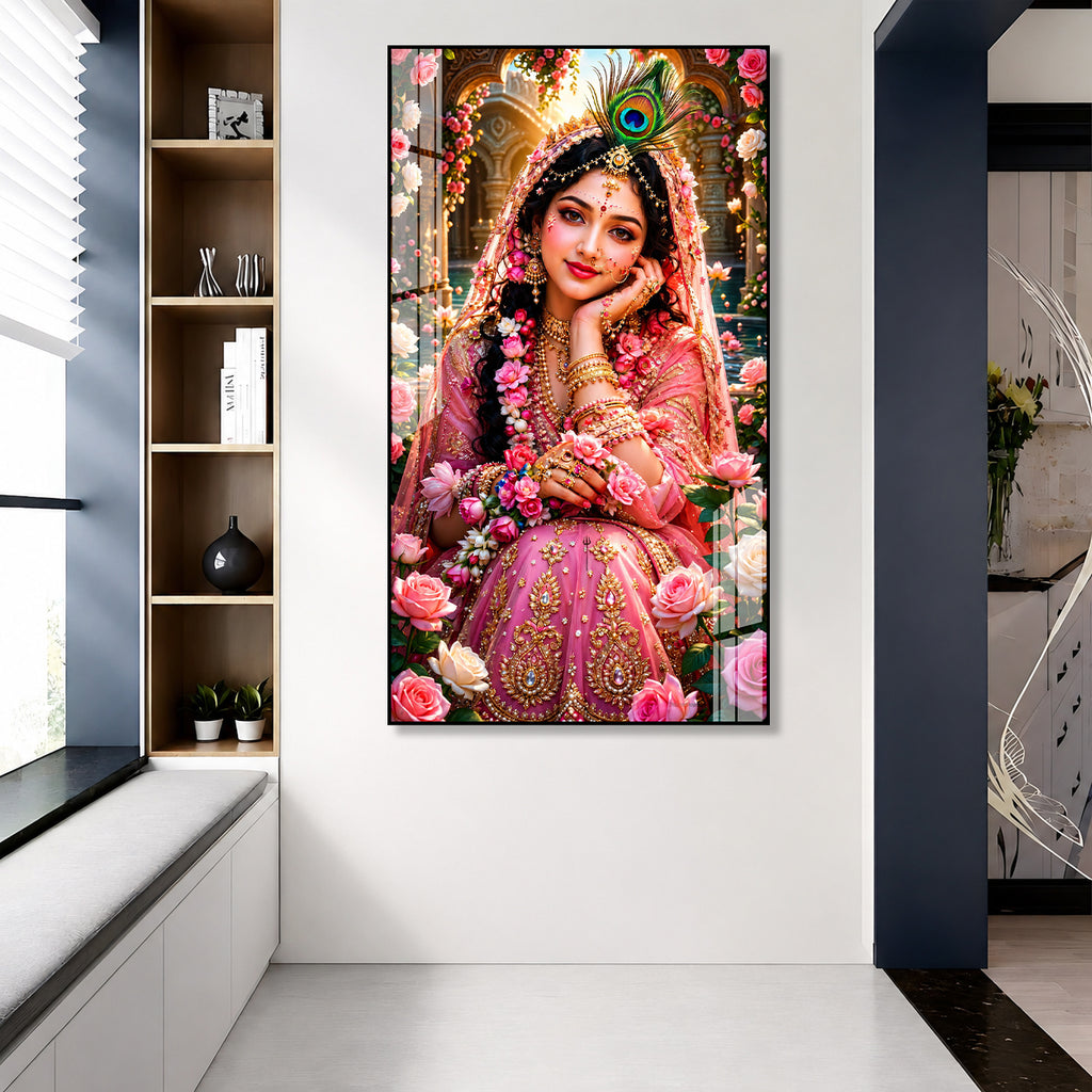 Divine Radha Rani Krishna Inspired Acrylic Painting with Roses for Spiritual Home Wall Decoration