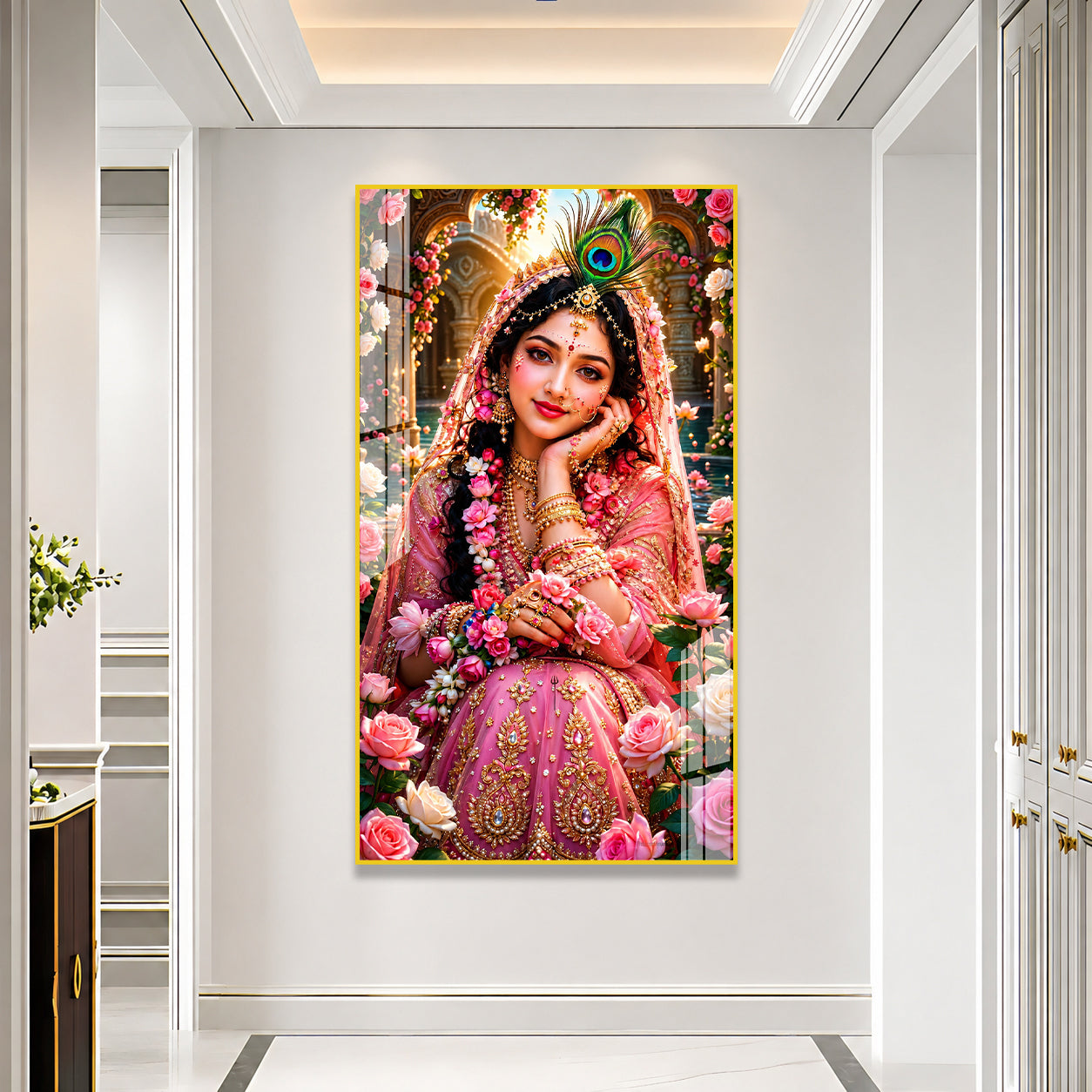Divine Radha Rani Krishna Inspired Acrylic Painting with Roses for Spiritual Home Wall Decoration