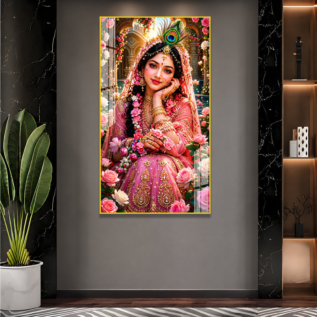 Divine Radha Rani Krishna Inspired Acrylic Painting with Roses for Spiritual Home Wall Decoration