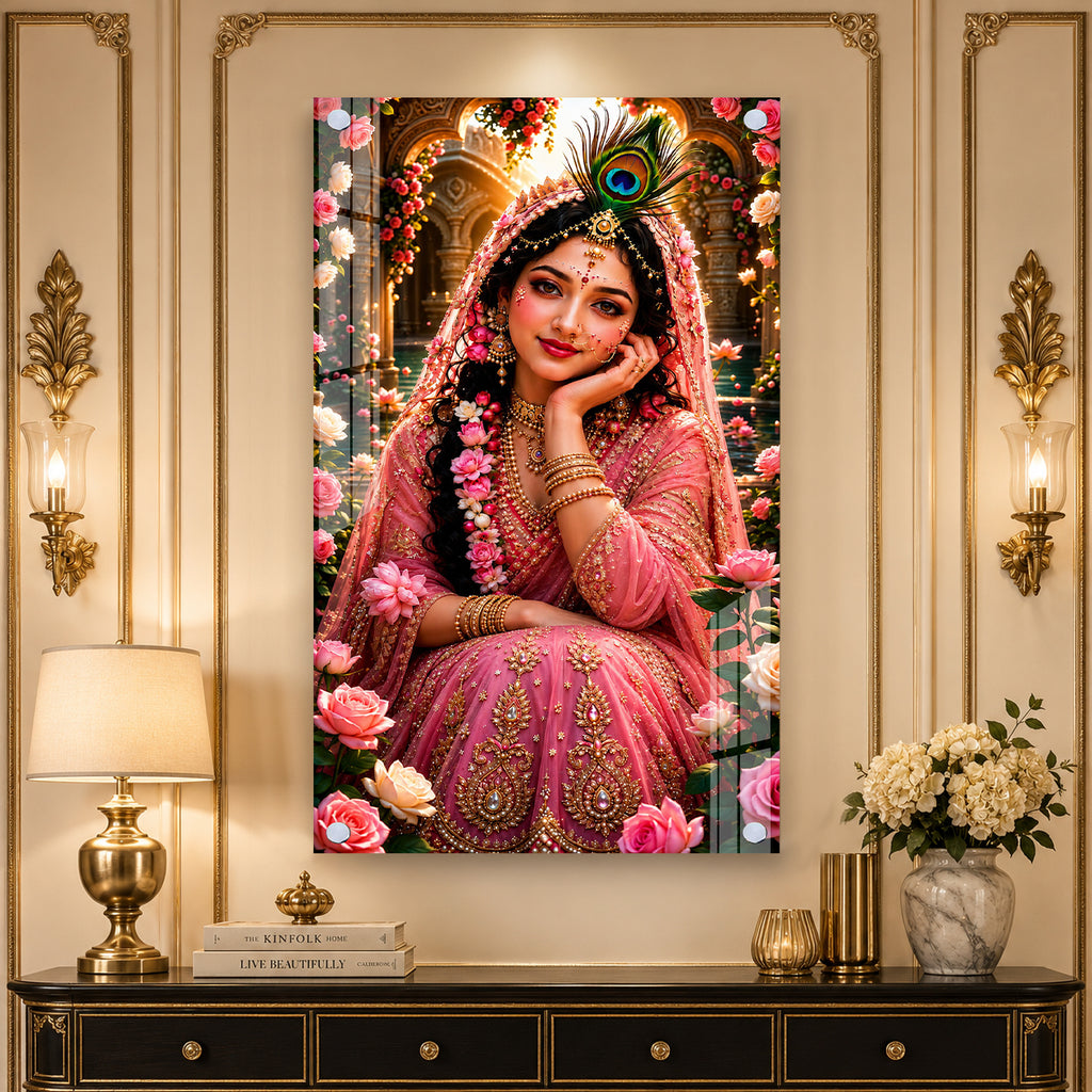 Divine Radha Rani Krishna Inspired Acrylic Painting with Roses for Spiritual Home Wall Decoration