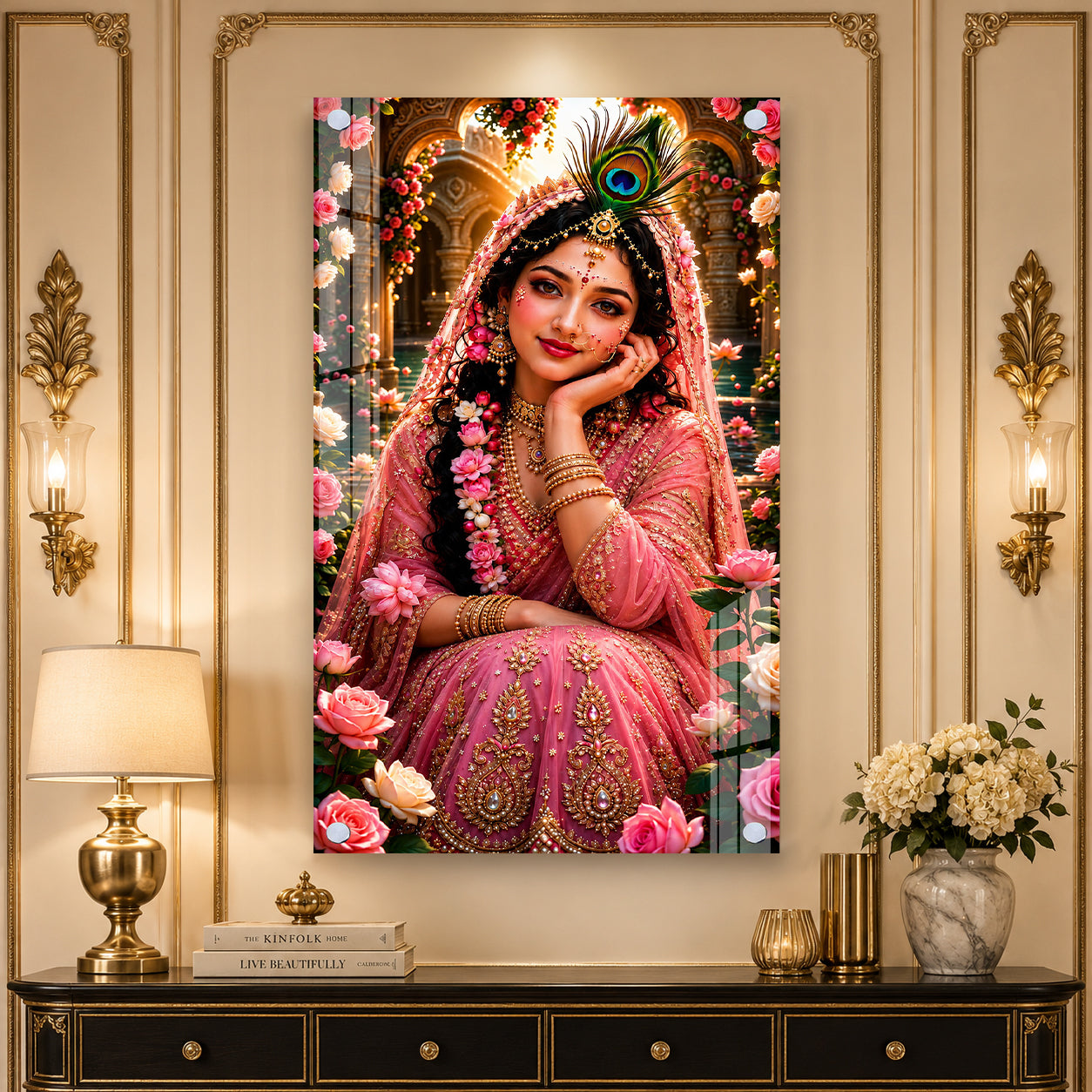 Divine Radha Rani Krishna Inspired Acrylic Painting with Roses for Spiritual Home Wall Decoration
