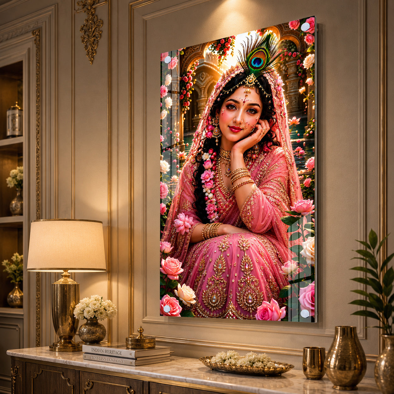Divine Radha Rani Krishna Inspired Acrylic Painting with Roses for Spiritual Home Wall Decoration