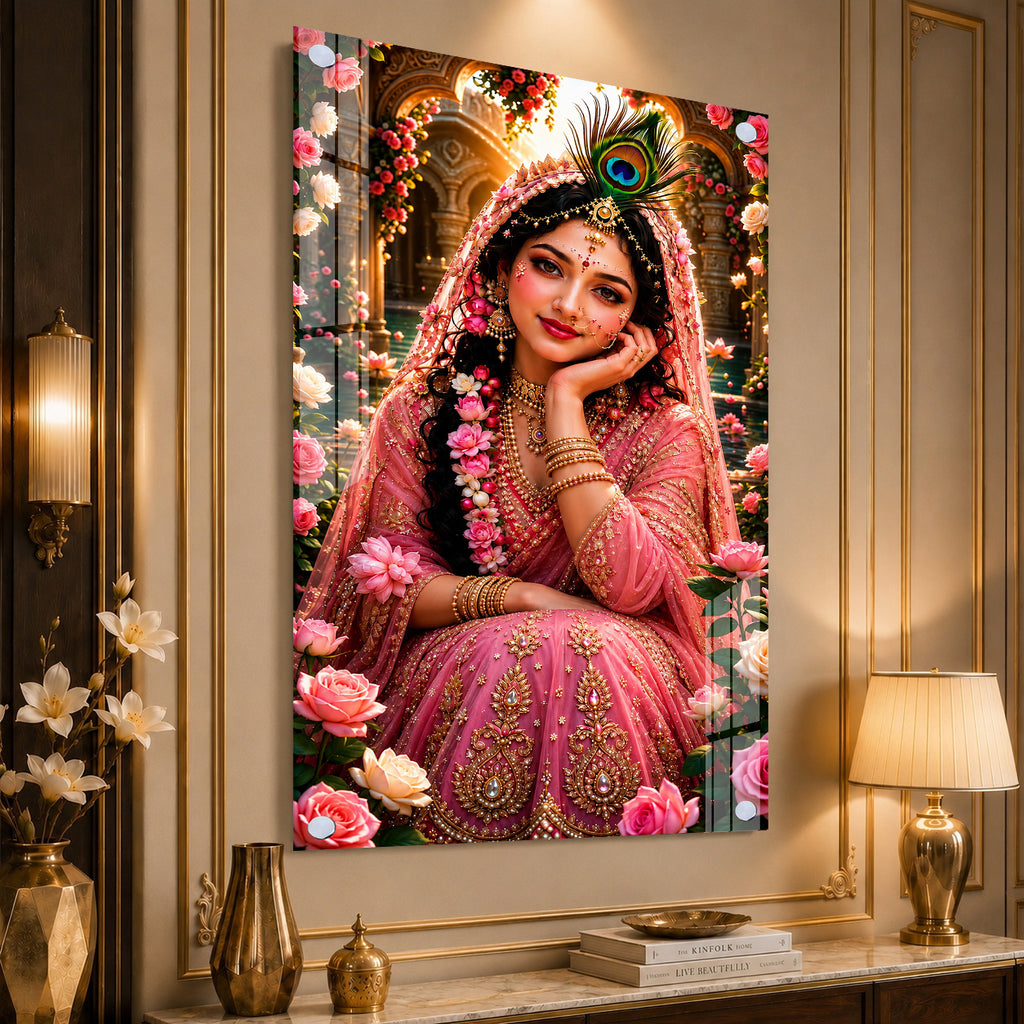 Divine Radha Rani Krishna Inspired Acrylic Painting with Roses for Spiritual Home Wall Decoration