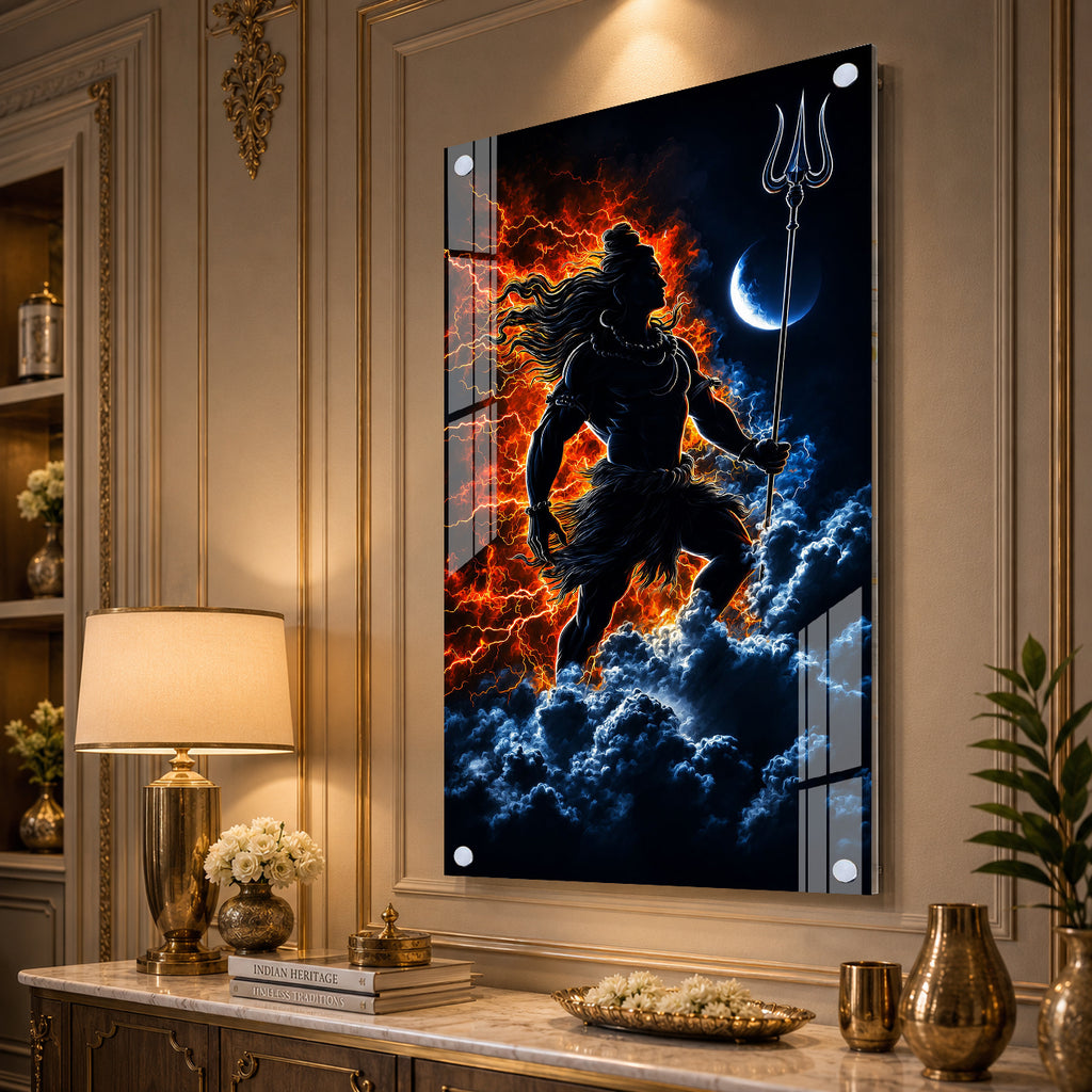 Mahadev Divine Warrior Acrylic Painting with Trishul and Moon Modern Hindu Spiritual Wall Art Decor