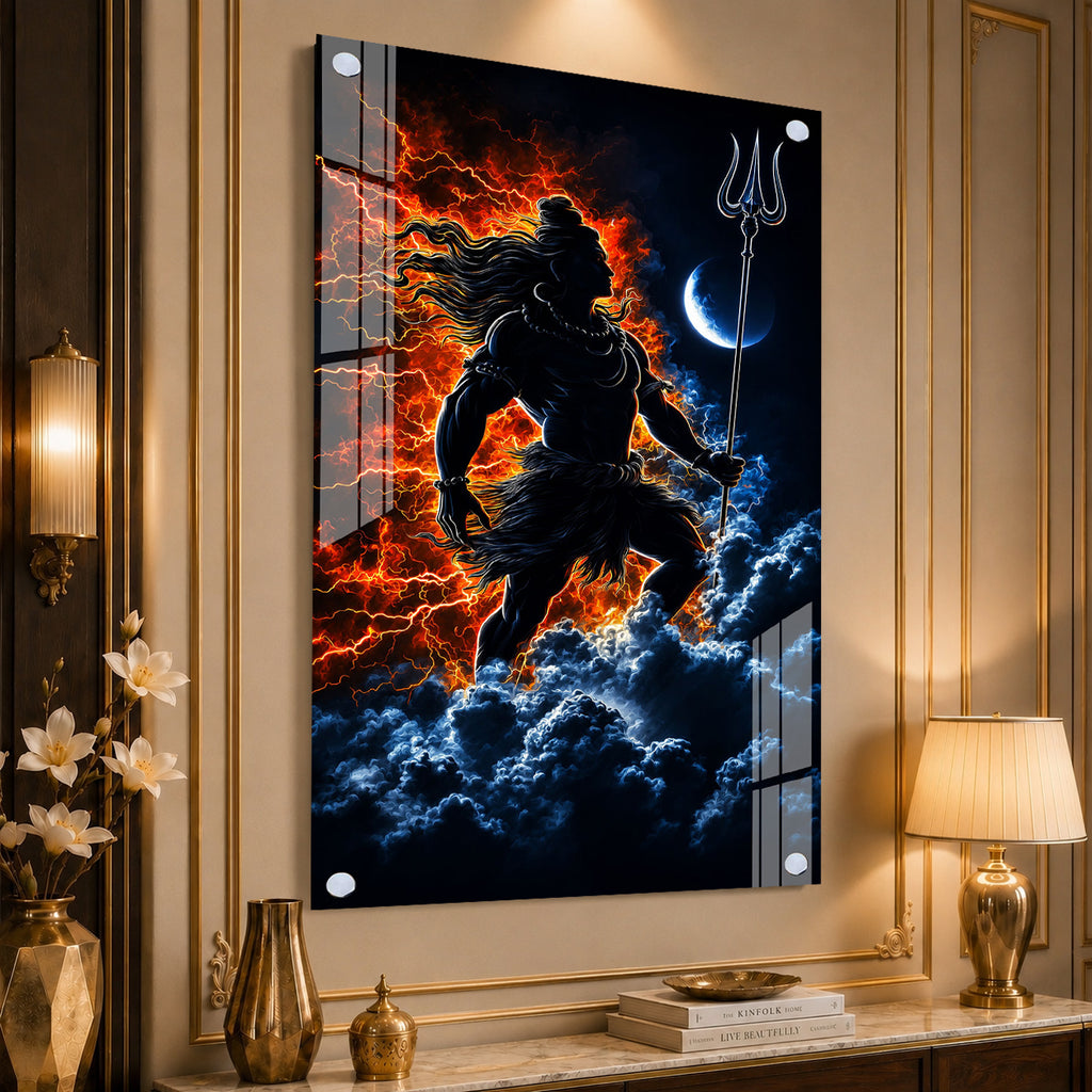Mahadev Divine Warrior Acrylic Painting with Trishul and Moon Modern Hindu Spiritual Wall Art Decor