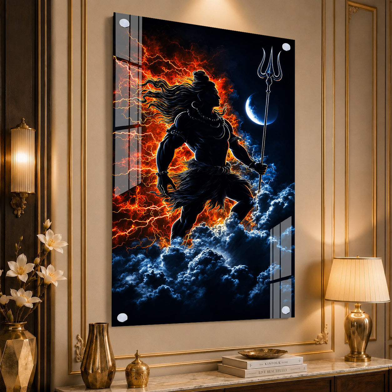 Mahadev Divine Warrior Acrylic Painting with Trishul and Moon Modern Hindu Spiritual Wall Art Decor