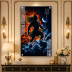 Mahadev Divine Warrior Acrylic Painting with Trishul and Moon Modern Hindu Spiritual Wall Art Decor