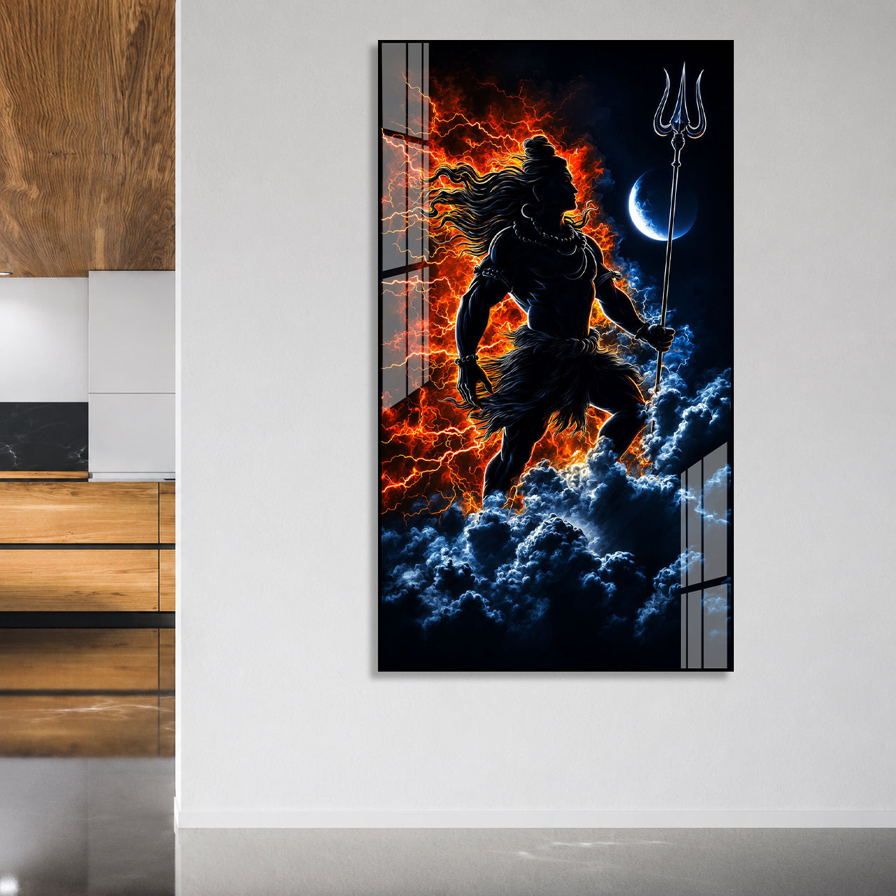 Mahadev Divine Warrior Acrylic Painting with Trishul and Moon Modern Hindu Spiritual Wall Art Decor