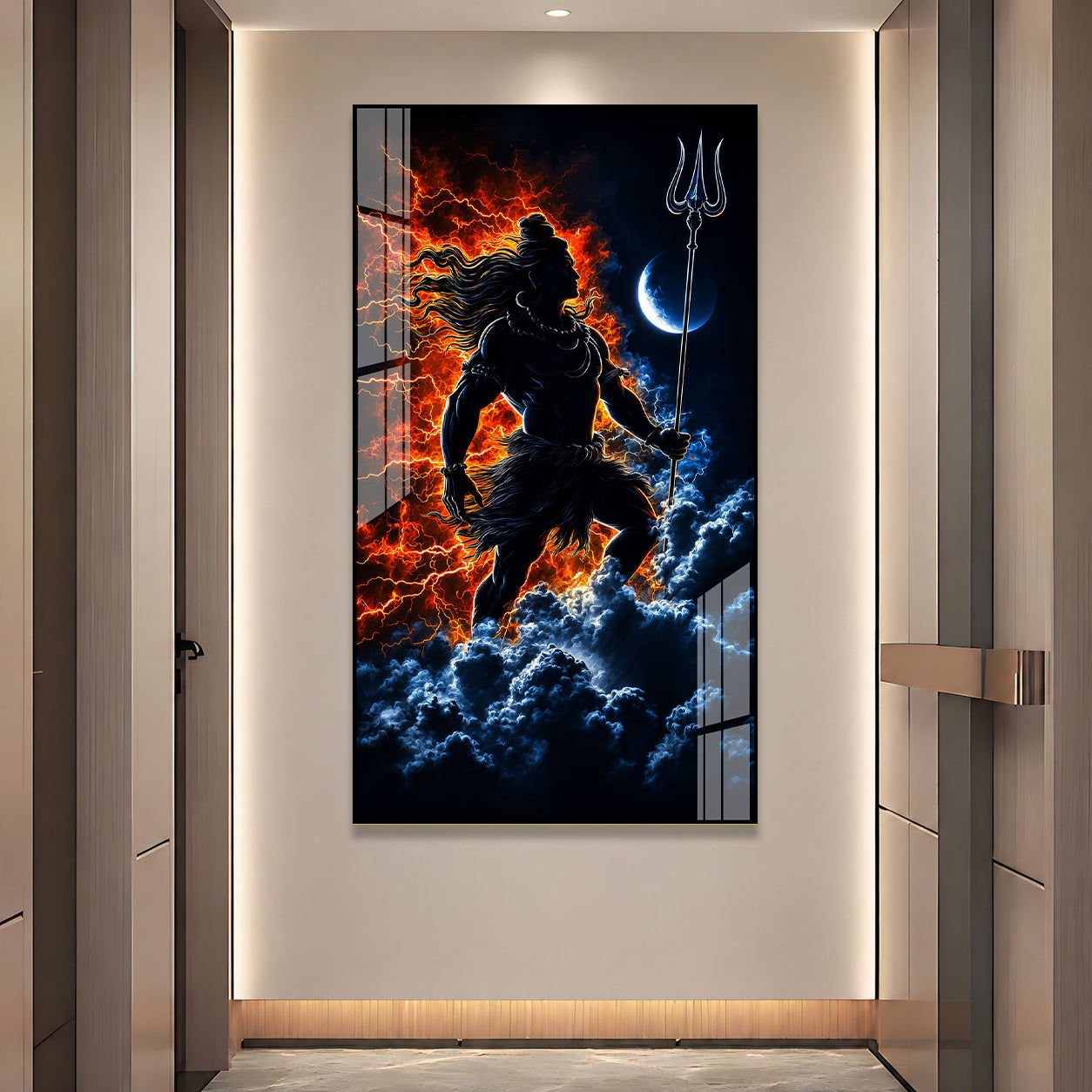 Mahadev Divine Warrior Acrylic Painting with Trishul and Moon Modern Hindu Spiritual Wall Art Decor