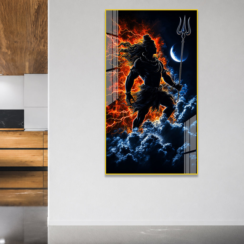 Mahadev Divine Warrior Acrylic Painting with Trishul and Moon Modern Hindu Spiritual Wall Art Decor