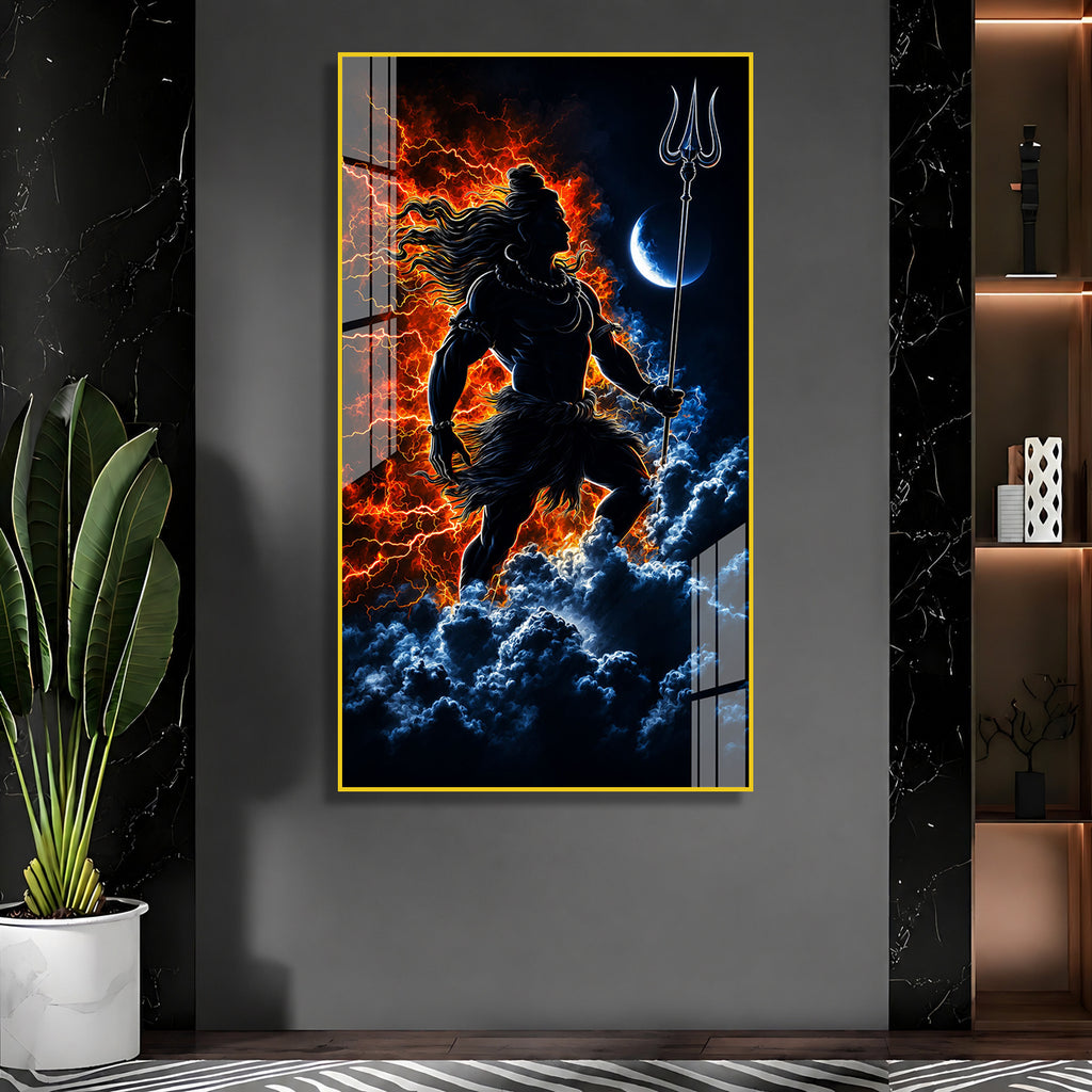 Mahadev Divine Warrior Acrylic Painting with Trishul and Moon Modern Hindu Spiritual Wall Art Decor