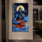 Lord Shiva Meditation Acrylic Wall Painting with Full Moon, Trishul and Divine Spiritual Artwork