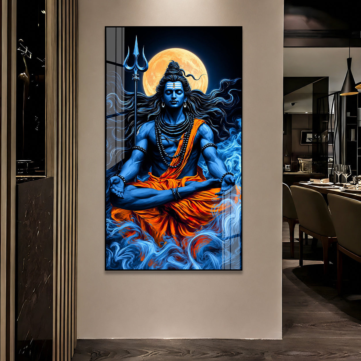 Lord Shiva Meditation Acrylic Wall Painting with Full Moon, Trishul and Divine Spiritual Artwork