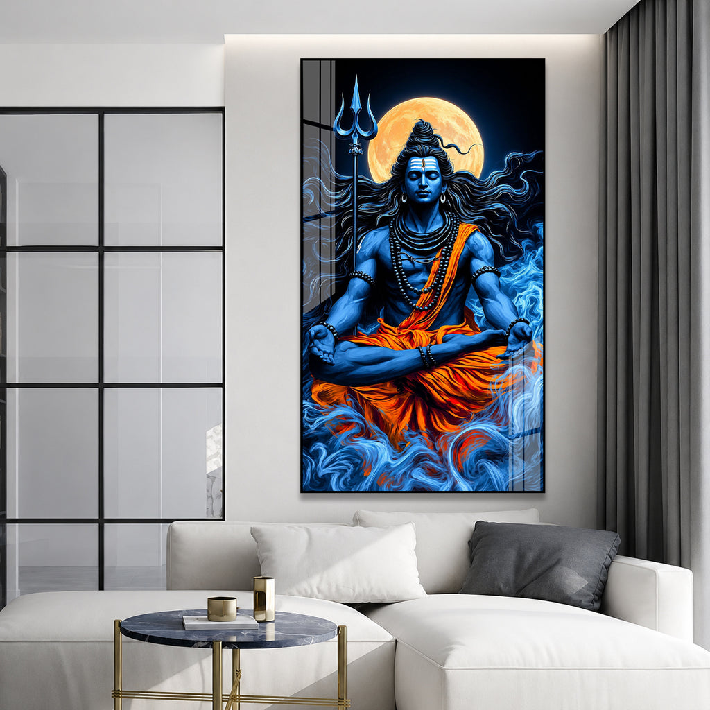 Lord Shiva Meditation Acrylic Wall Painting with Full Moon, Trishul and Divine Spiritual Artwork