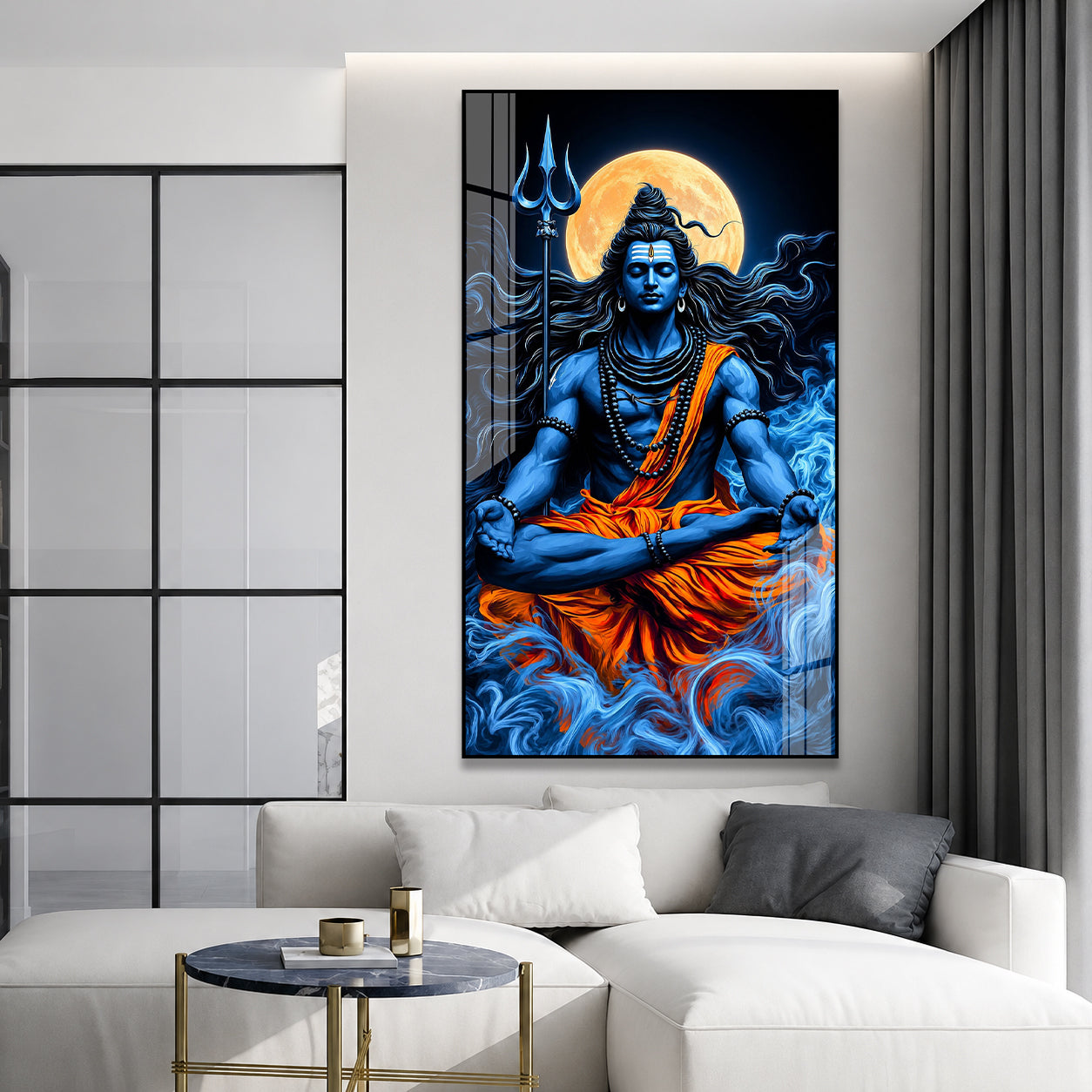 Lord Shiva Meditation Acrylic Wall Painting with Full Moon, Trishul and Divine Spiritual Artwork