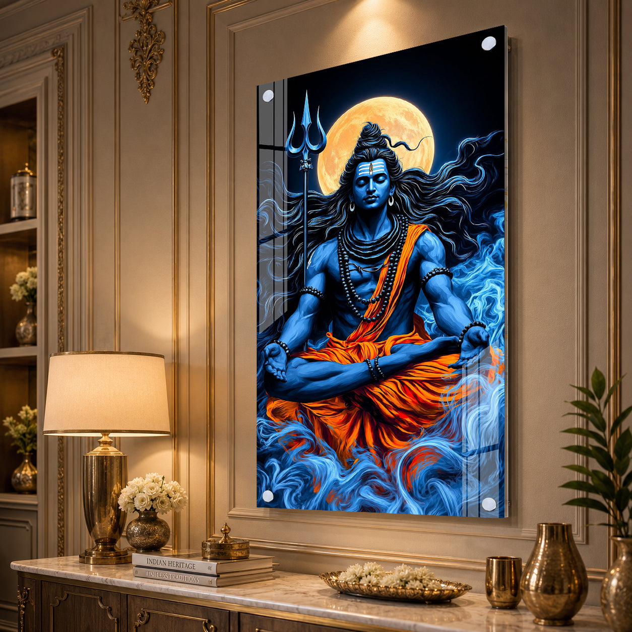 Lord Shiva Meditation Acrylic Wall Painting with Full Moon, Trishul and Divine Spiritual Artwork