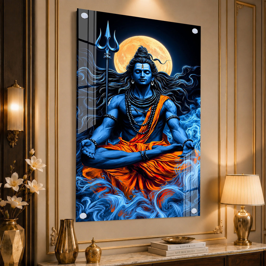 Lord Shiva Meditation Acrylic Wall Painting with Full Moon, Trishul and Divine Spiritual Artwork