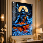 Lord Shiva Meditation Acrylic Wall Painting with Full Moon, Trishul and Divine Spiritual Artwork
