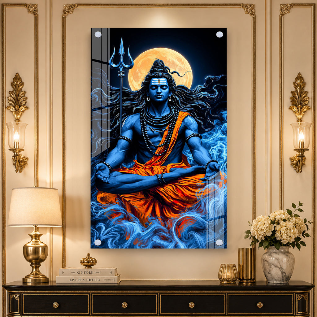 Lord Shiva Meditation Acrylic Wall Painting with Full Moon, Trishul and Divine Spiritual Artwork
