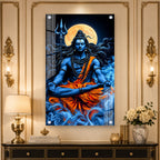 Lord Shiva Meditation Acrylic Wall Painting with Full Moon, Trishul and Divine Spiritual Artwork