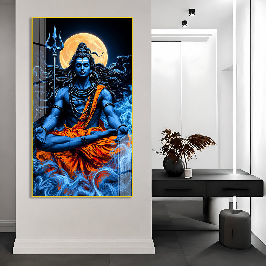 Lord Shiva Meditation Acrylic Wall Painting with Full Moon, Trishul and Divine Spiritual Artwork