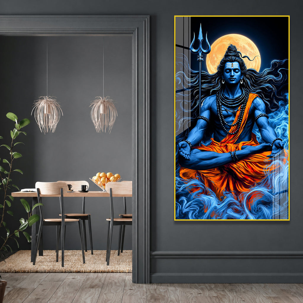 Lord Shiva Meditation Acrylic Wall Painting with Full Moon, Trishul and Divine Spiritual Artwork