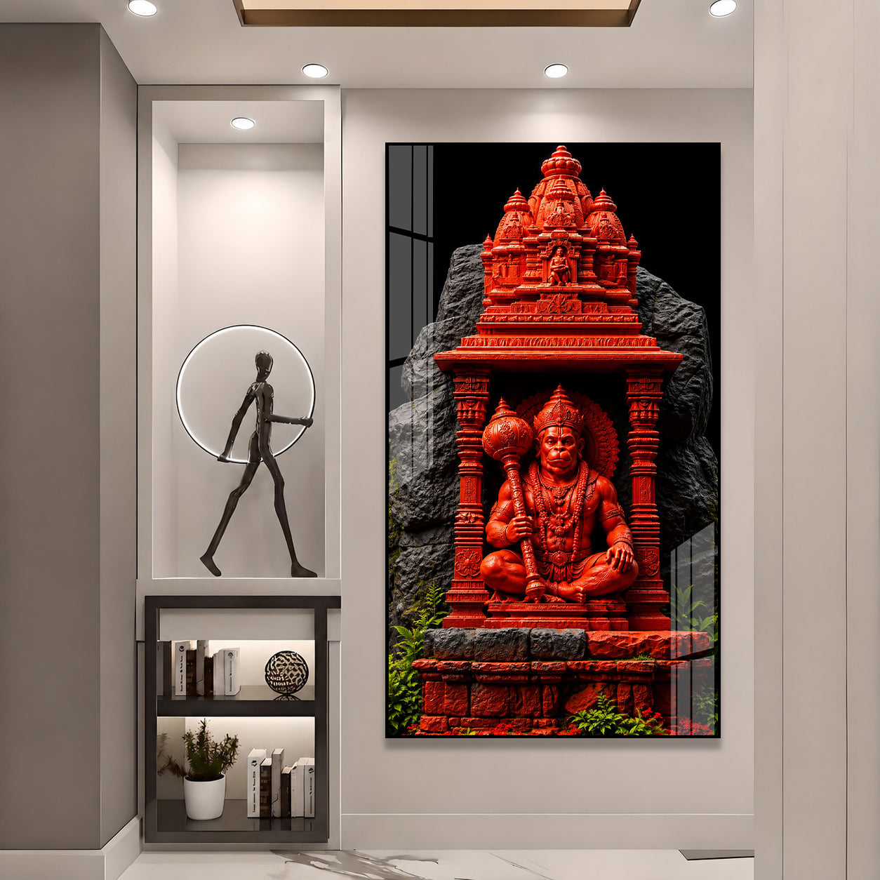 Sacred Hanuman Mandir Acrylic Wall Painting | Premium Hindu God Artwork for Spiritual Home Decoration