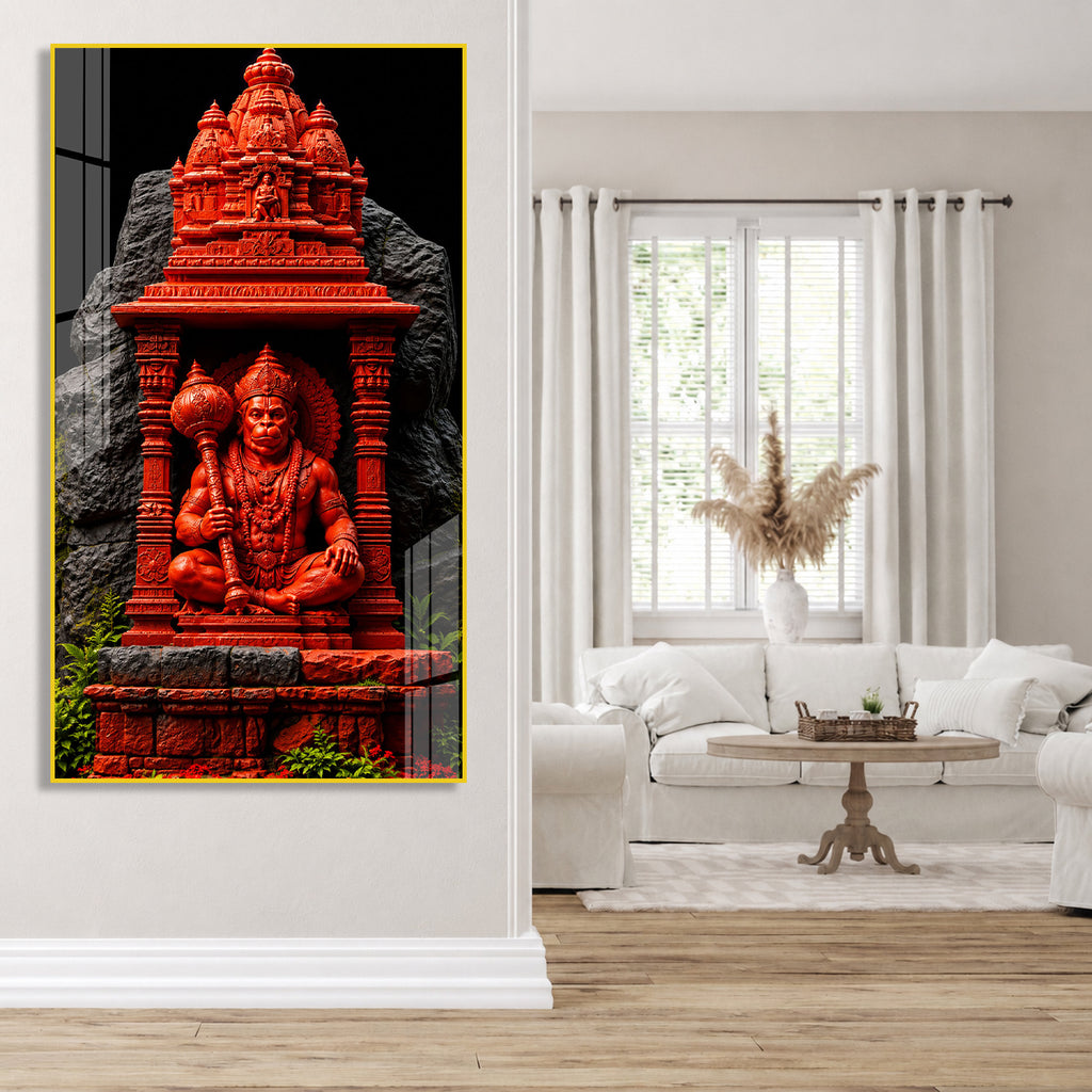 Sacred Hanuman Mandir Acrylic Wall Painting | Premium Hindu God Artwork for Spiritual Home Decoration