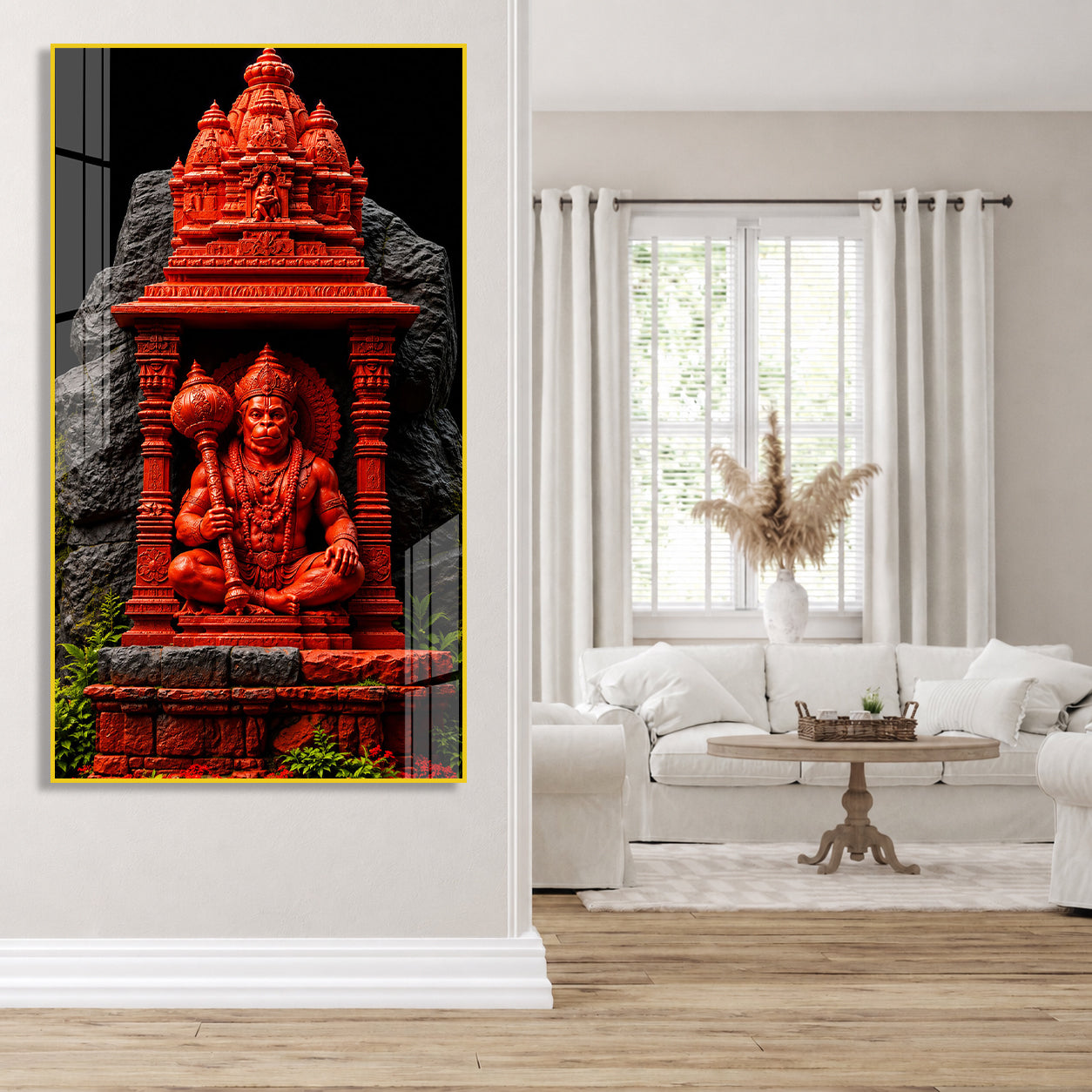Sacred Hanuman Mandir Acrylic Wall Painting | Premium Hindu God Artwork for Spiritual Home Decoration
