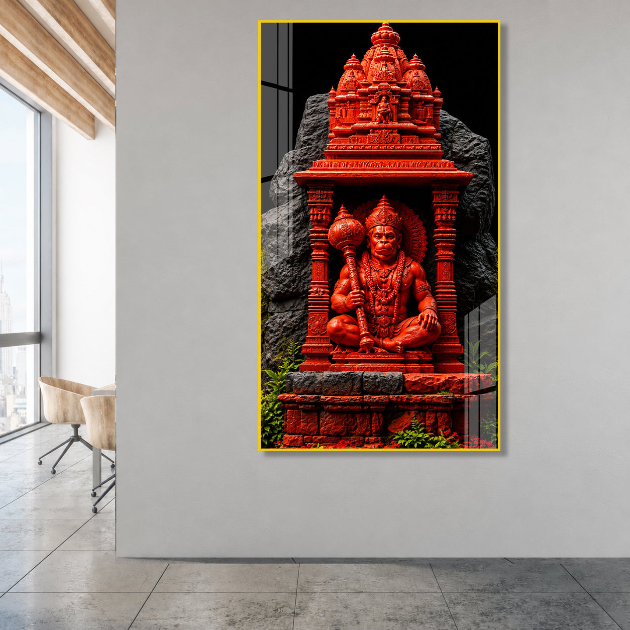 Sacred Hanuman Mandir Acrylic Wall Painting | Premium Hindu God Artwork for Spiritual Home Decoration