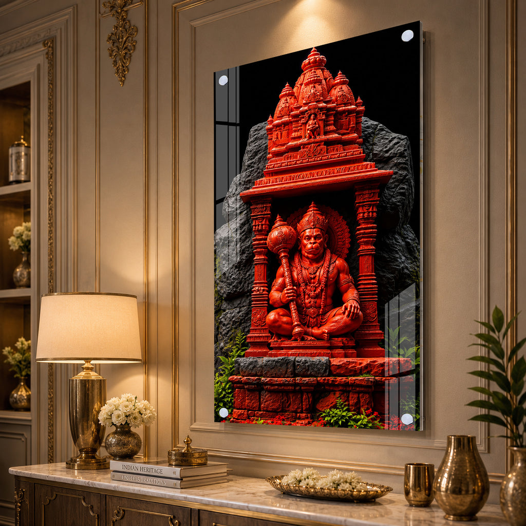 Sacred Hanuman Mandir Acrylic Wall Painting | Premium Hindu God Artwork for Spiritual Home Decoration