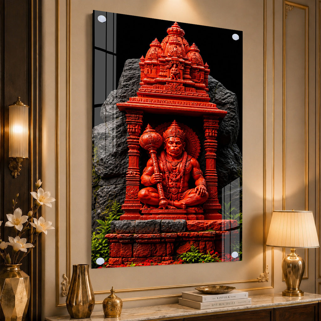 Sacred Hanuman Mandir Acrylic Wall Painting | Premium Hindu God Artwork for Spiritual Home Decoration