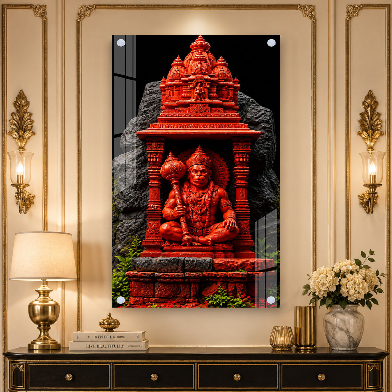 Sacred Hanuman Mandir Acrylic Wall Painting | Premium Hindu God Artwork for Spiritual Home Decoration