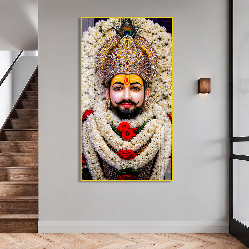 Khatu Shyam Ji Divine Acrylic Wall Painting with Floral Garland and Royal Crown for Home Temple Decor
