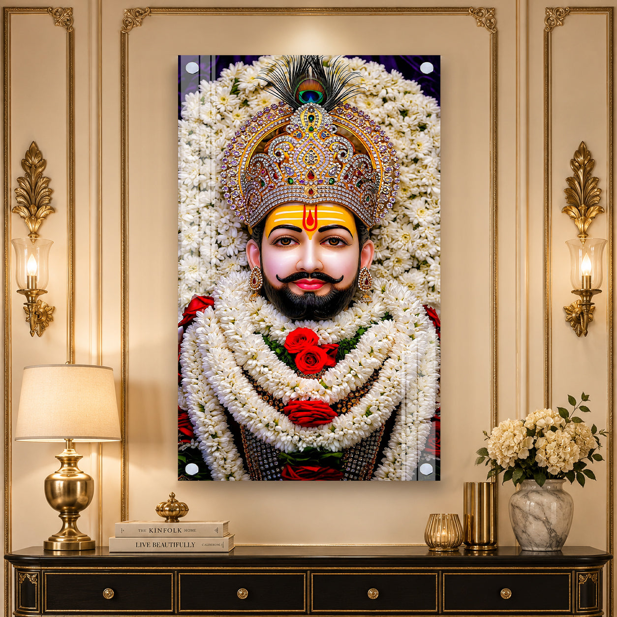 Khatu Shyam Ji Divine Acrylic Wall Painting with Floral Garland and Royal Crown for Home Temple Decor