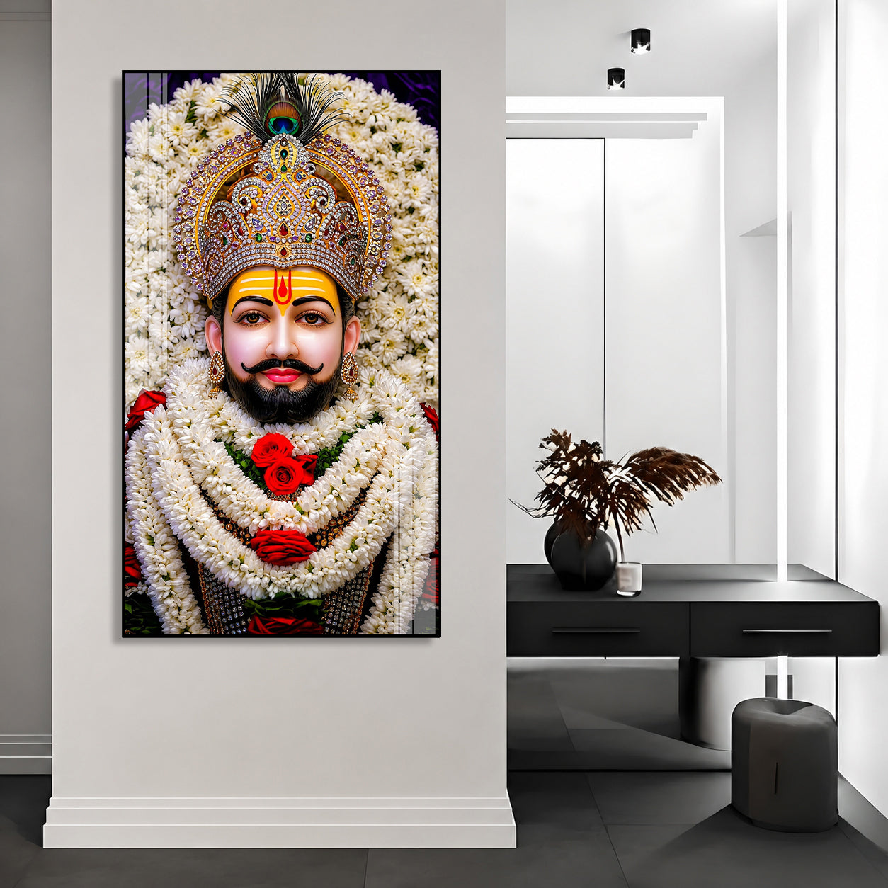 Khatu Shyam Ji Divine Acrylic Wall Painting with Floral Garland and Royal Crown for Home Temple Decor
