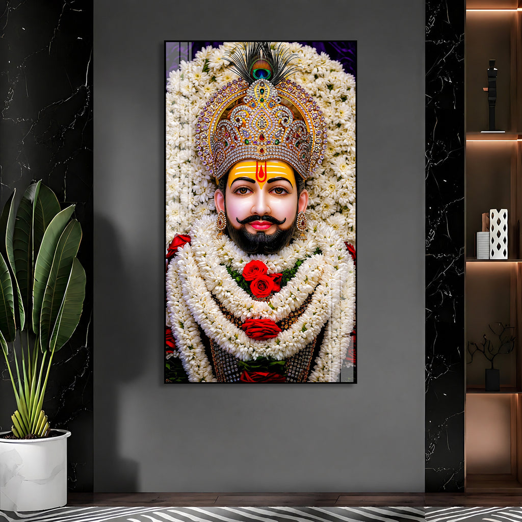 Khatu Shyam Ji Divine Acrylic Wall Painting with Floral Garland and Royal Crown for Home Temple Decor