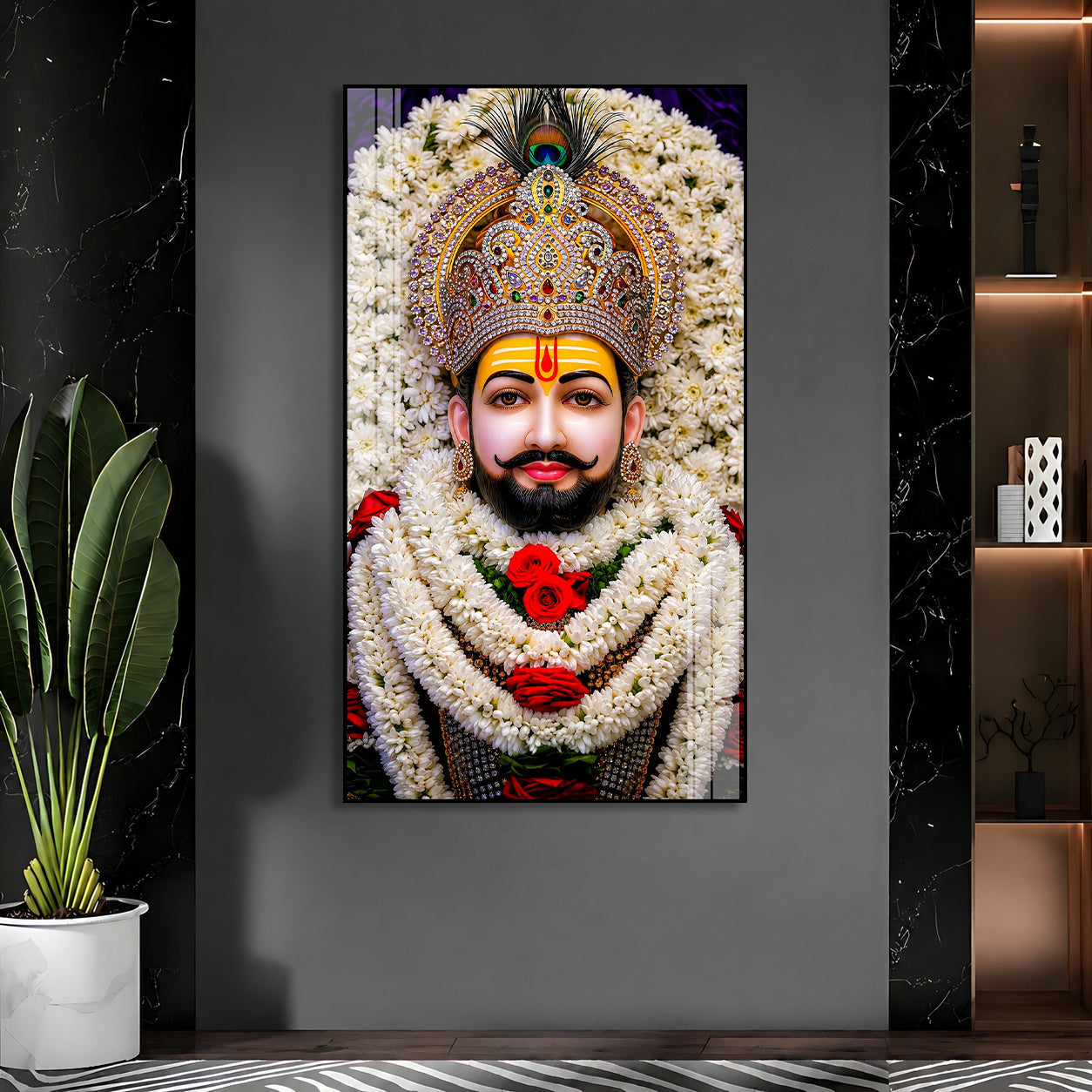 Khatu Shyam Ji Divine Acrylic Wall Painting with Floral Garland and Royal Crown for Home Temple Decor