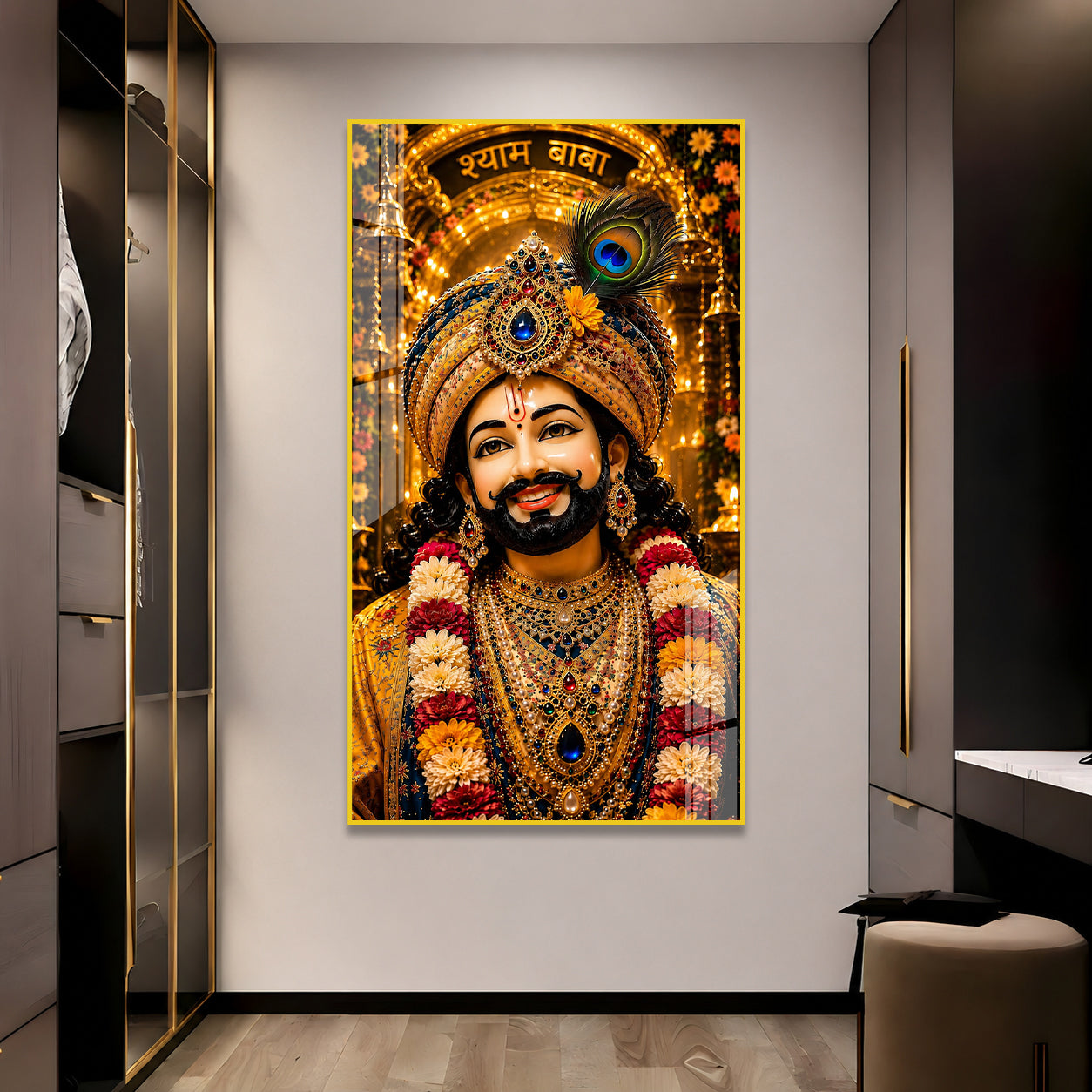 Khatu Shyam Baba Acrylic Wall Painting with Peacock Feather Crown for Home Temple & Living Room Decor