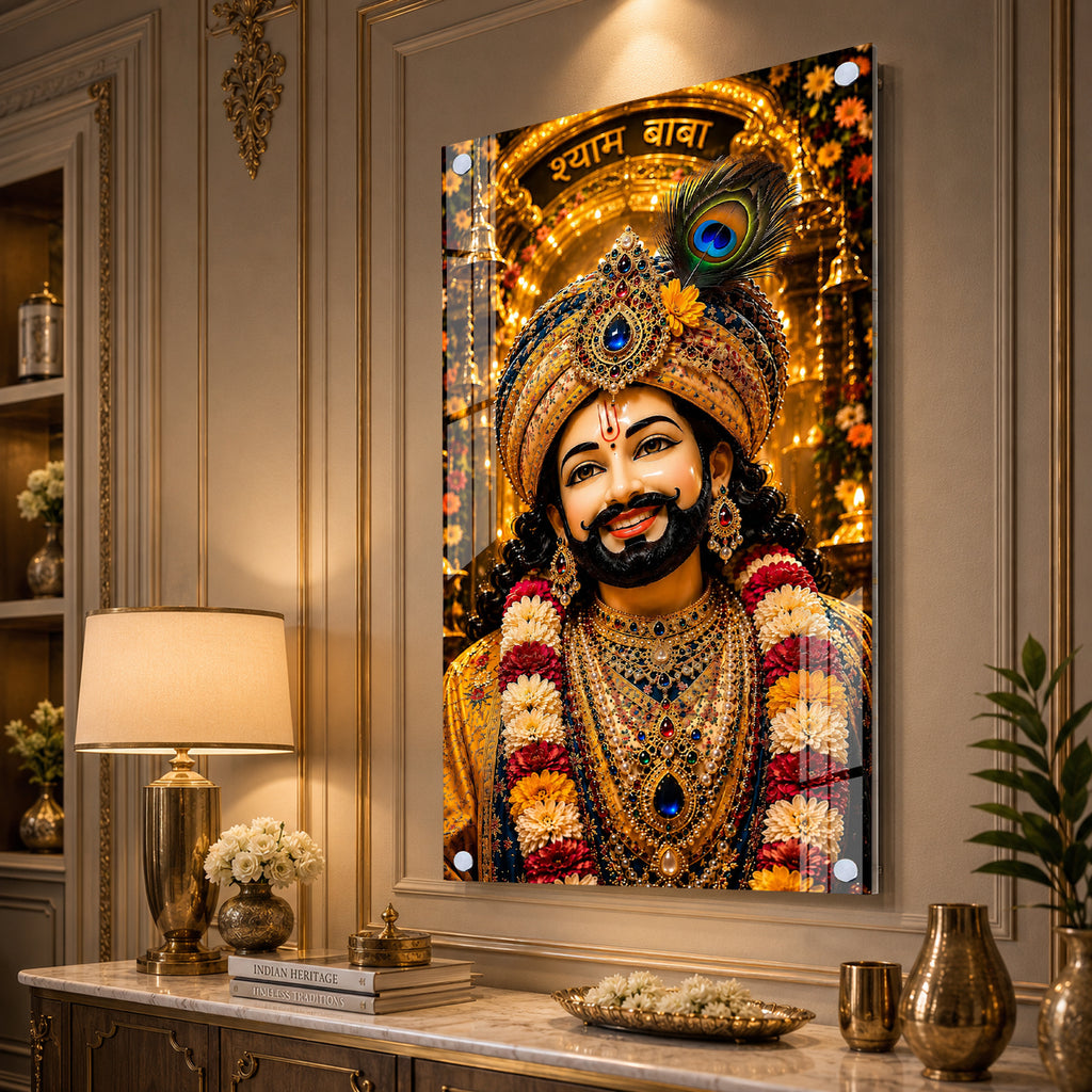 Khatu Shyam Baba Acrylic Wall Painting with Peacock Feather Crown for Home Temple & Living Room Decor