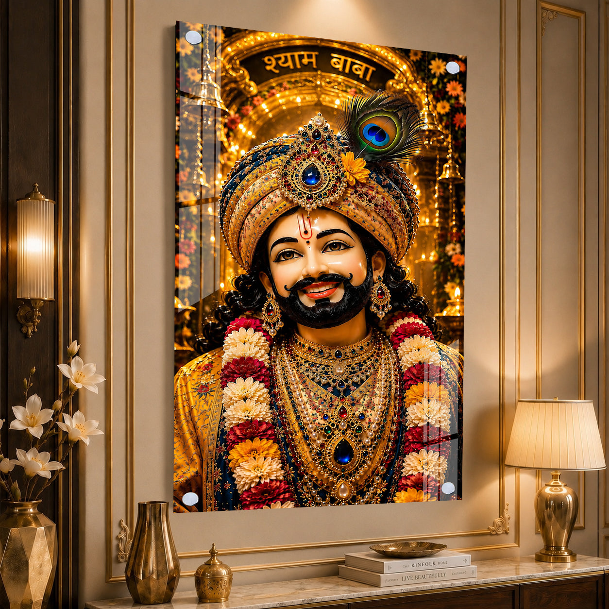 Khatu Shyam Baba Acrylic Wall Painting with Peacock Feather Crown for Home Temple & Living Room Decor