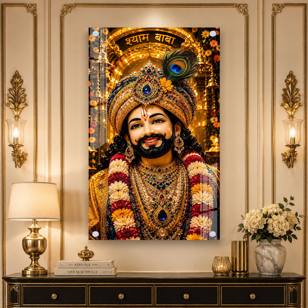 Khatu Shyam Baba Acrylic Wall Painting with Peacock Feather Crown for Home Temple & Living Room Decor