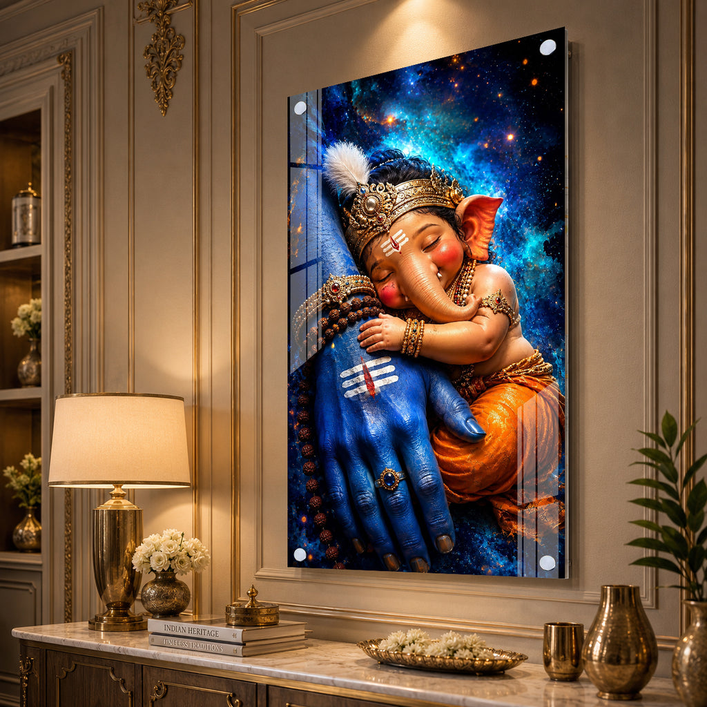 Sacred Mahadev and Baby Ganesha Acrylic Wall Decor for Temple, Home and Office Interior