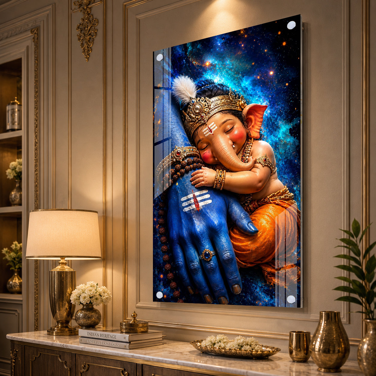 Sacred Mahadev and Baby Ganesha Acrylic Wall Decor for Temple, Home and Office Interior