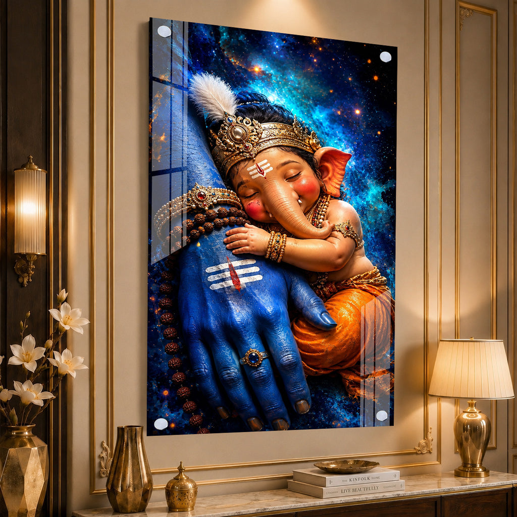 Sacred Mahadev and Baby Ganesha Acrylic Wall Decor for Temple, Home and Office Interior