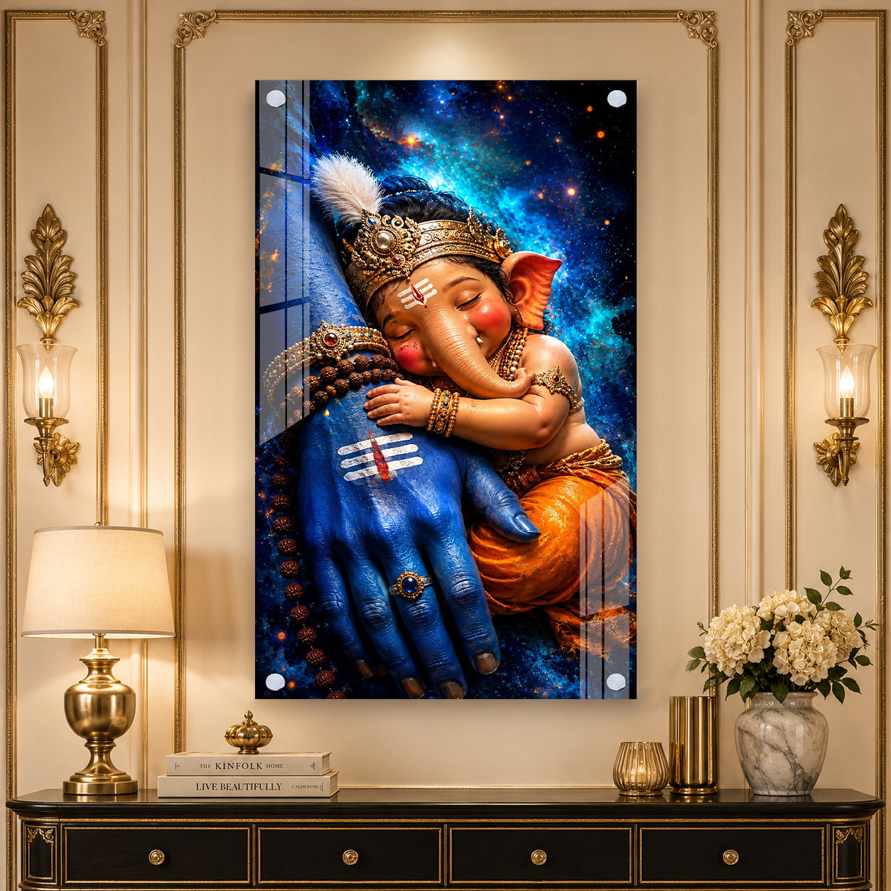 Sacred Mahadev and Baby Ganesha Acrylic Wall Decor for Temple, Home and Office Interior