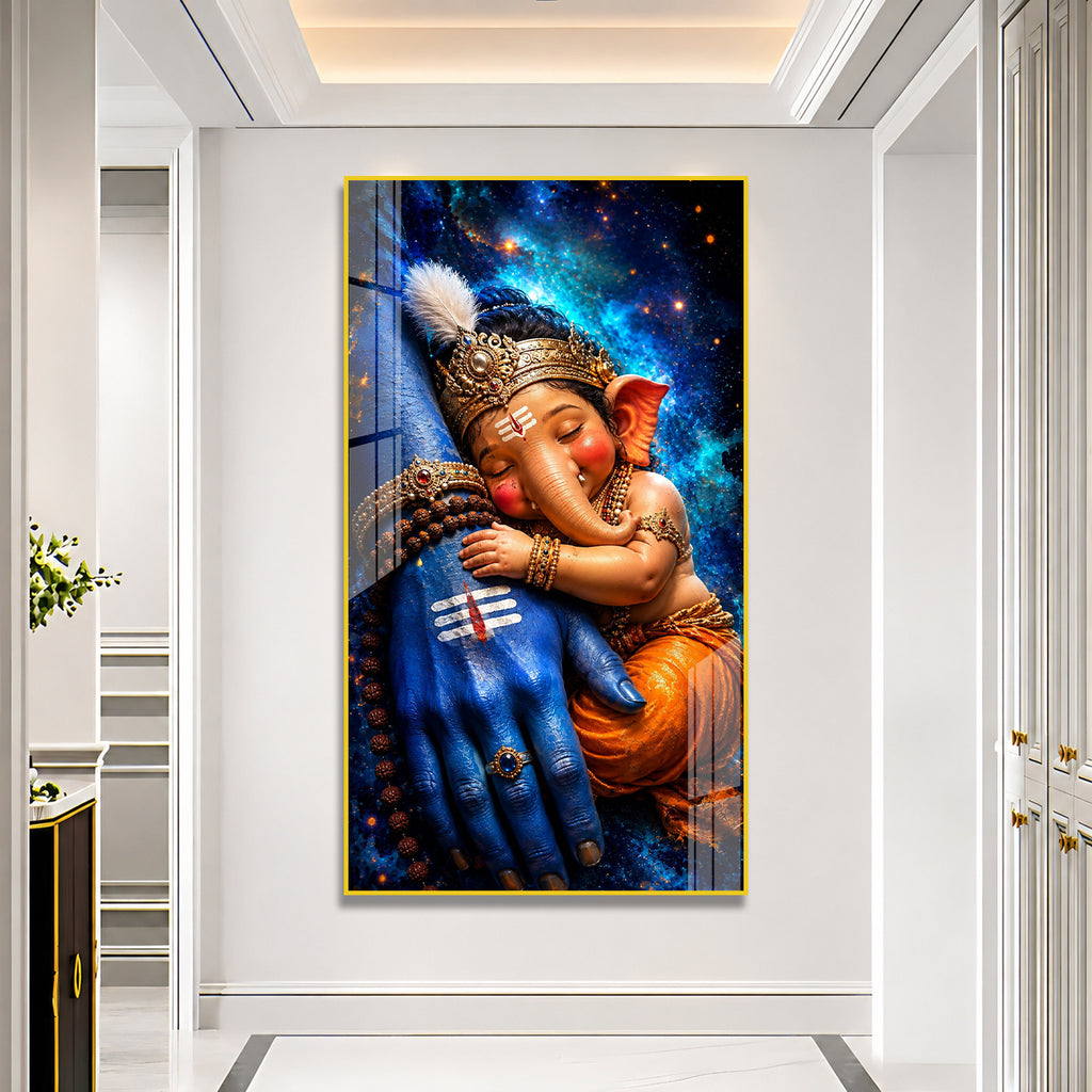 Sacred Mahadev and Baby Ganesha Acrylic Wall Decor for Temple, Home and Office Interior