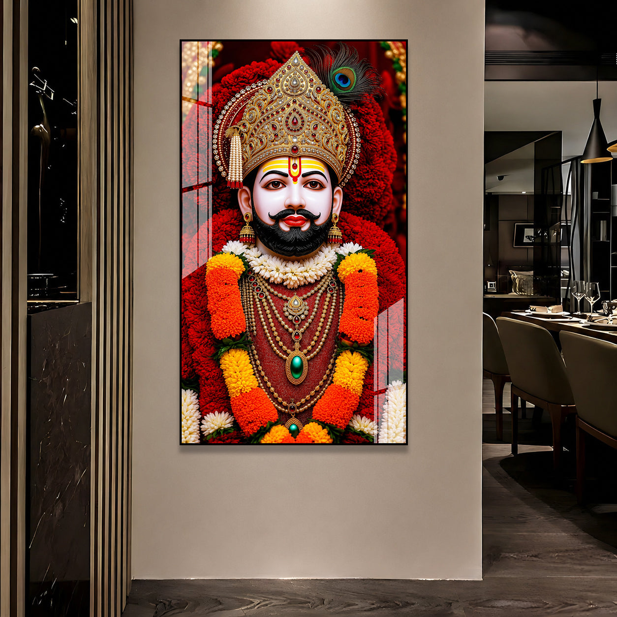 Premium Hindu God Khatu Shyam Baba Acrylic Wall Painting with Floral Background